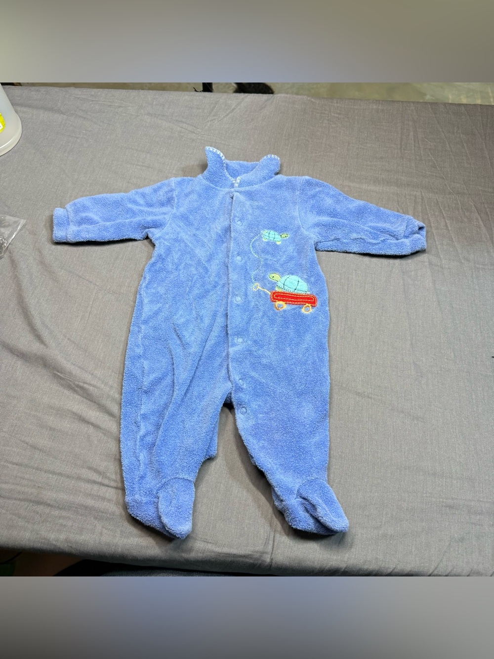 Vintage Carter's Light Blue Plush Footed One-Piece with Turtle & Car Embroidery